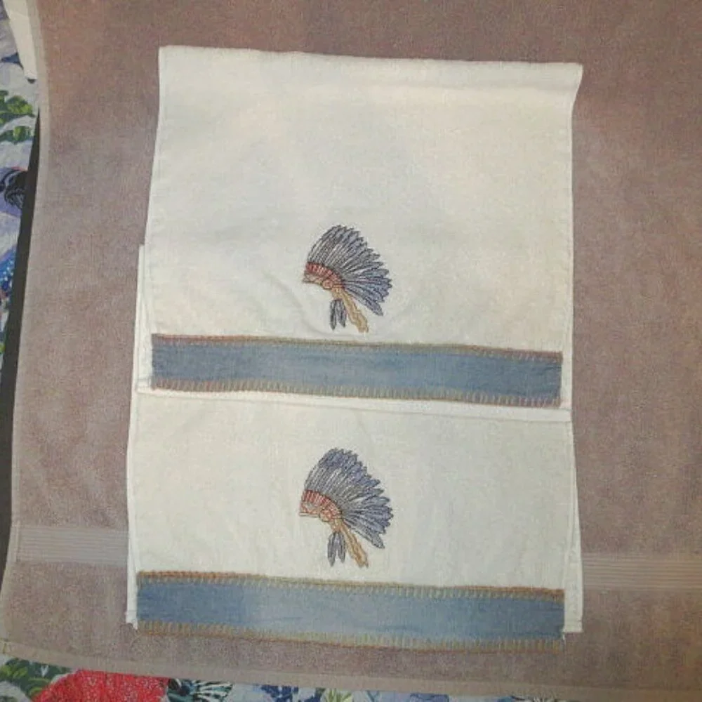 Vtg Native American Headress Hand Towels Set Of 2 Cotton Southwest Tribal USA